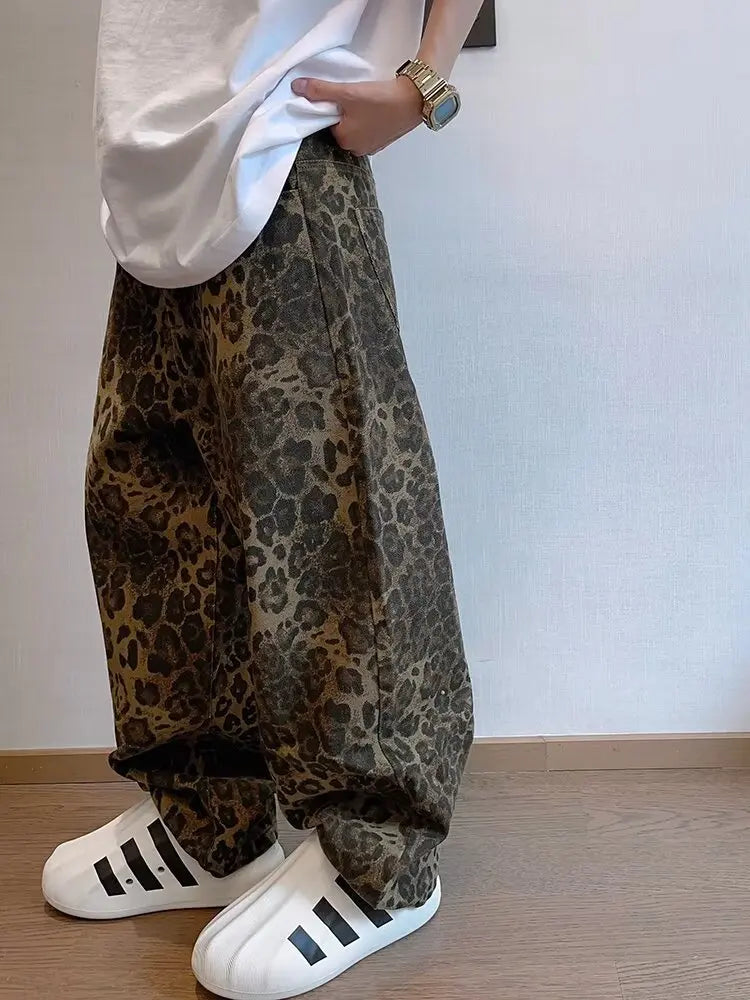 Autumn Tan Leopard Jeans Men Denim Pants Male Oversize Wide Leg Trousers Streetwear Hip Hop Vintage Loose Casual Animal Print voguable