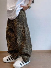 Autumn Tan Leopard Jeans Men Denim Pants Male Oversize Wide Leg Trousers Streetwear Hip Hop Vintage Loose Casual Animal Print voguable