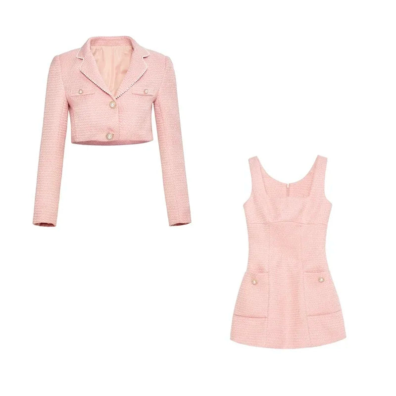 Voguable  Autumn Pink Elegant Two Piece Set Women Korean Style Balzer Coat+Strap Mini Dress Set Female Solid Casual Slim Designer Set 2024 voguable