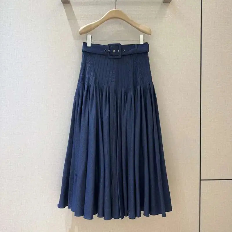 Fashion Pleated Denim Skirt Women's High Waisted Large Swing Long Skirts 2025 Summer New Tide voguable