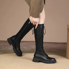New Genuine Leather Lace-up Boots Women Zip Fashion Knee High Boots Thick Fur Winter Warm Motorcycle Boots Platform Boots voguable