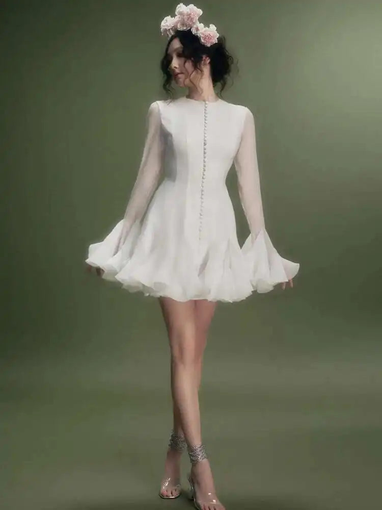 French Niche Women's Dress O Neck Button Flare Long Sleeve Spliced Ruffles Hem Solid Elegant Mini Dress 2025 New voguable