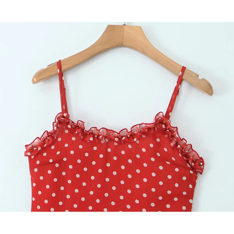 New Women Polka Dot Red Sexy Long Dreses Ruffle O Neck A-line Midi Summer Party Dressess Holiday Robe voguable