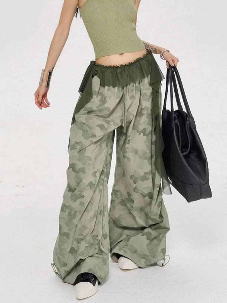 Lace Patchwork Camouflage Pant Women Y2K Hip Hop Streetwear Cargo Trousers Vintage High Waist American Fall Design Wide Leg Pant voguable
