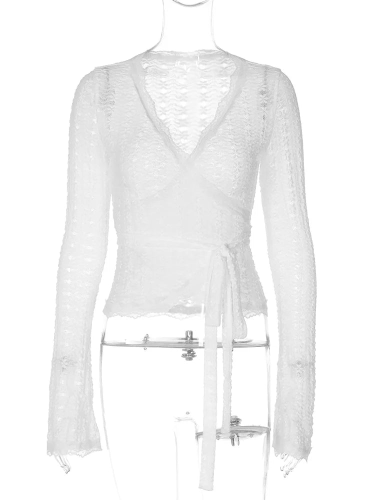 Bandage Hollow Out V-Neck T-shirt Top Women's Bandage Long Sleeve See-Through Sexy Casual Pullover Female Printed Tee Top voguable