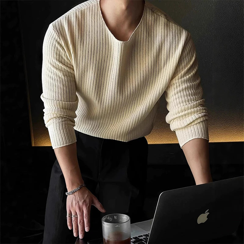 New Korean Fashion Men T-shirt Luxury Knitted Solid Color O Neck Long Sleeve Tees Casual Premium Quality Textured Knitwear M-3XL voguable