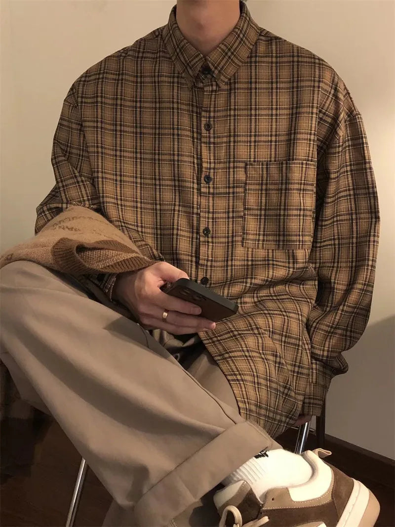 Men's Leisure High Street Check Shirts Japanese Cardigan Fashion Retro Long Sleeve Casual High Quality Tops Spring 2025 New voguable