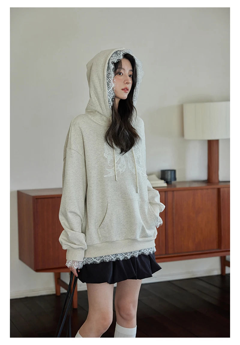 Lace Patchwork Cute Hoodies Women Loose Long Sleeve Bow Print Vintage Pullover Korean Casual Female Preppy Style Sweet Tops voguable