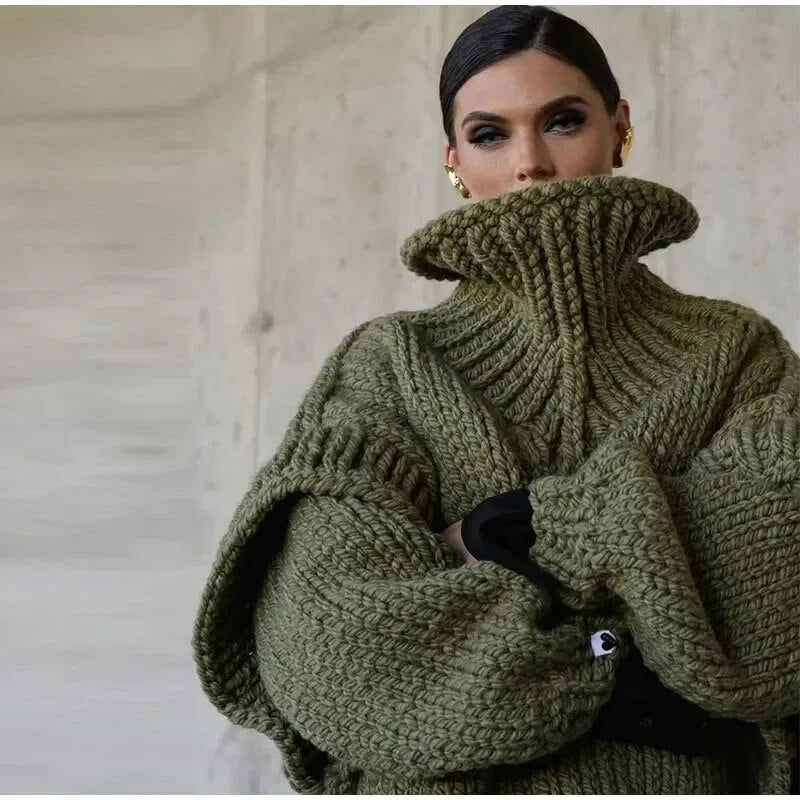 Women Solid Knit Turtlrneck Sweater Casual Oversize Lantern Long Sleeve Thick Warm Pullover New Autumn Winter Loose Top Knitwear voguable