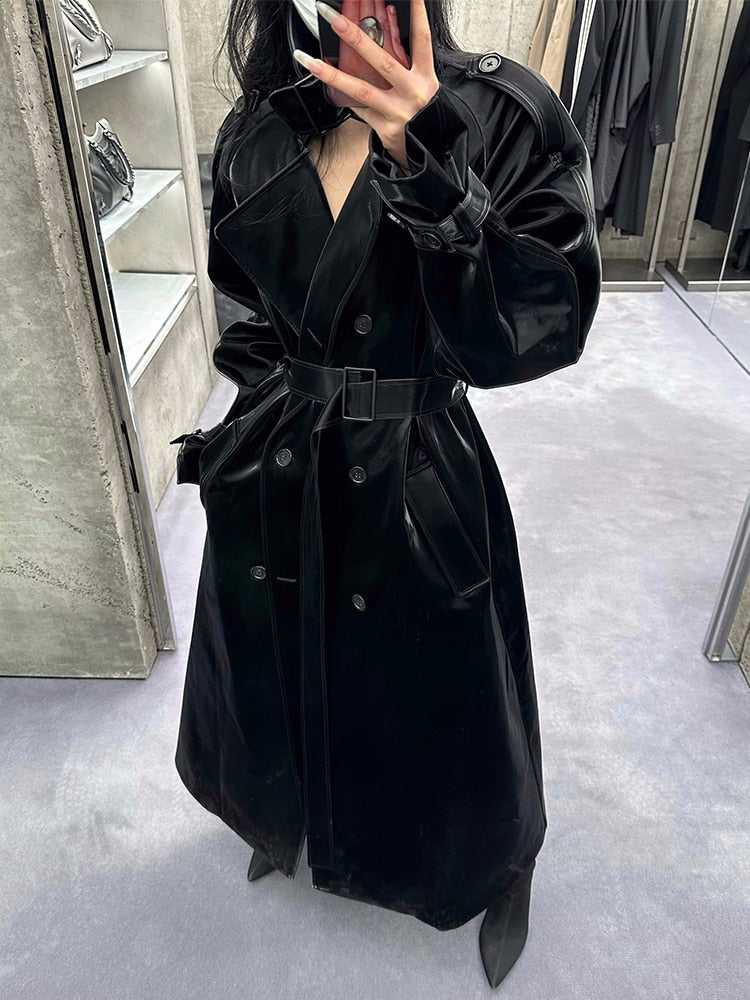 Spring Autumn Extra Long Oversized Cool Reflective Shiny Black Paten Leather Trench Coat for Women Belt Runway Fashion voguable