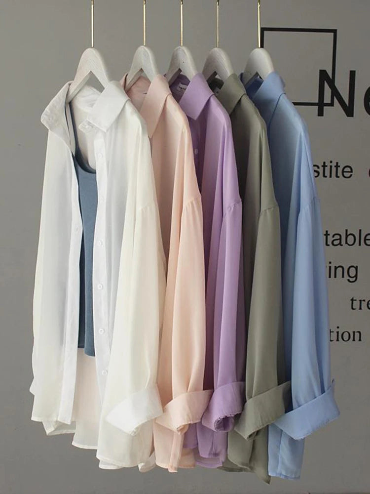 Voguable Chiffon Women Thin Shirts Summer Perspective Button Up Solid Korean Sun Shirt Long Sleeve Fashion Korean Ladies Tops New voguable