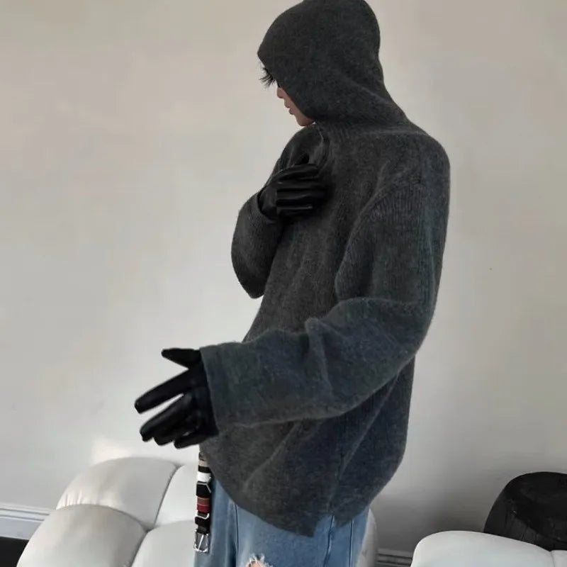 Winter Men's Luxury Knitted Zipper Hooded Pullovers Sweater Casual Streetwear Solid Color Long Sleeve Hoodie Knitwear Retro New voguable