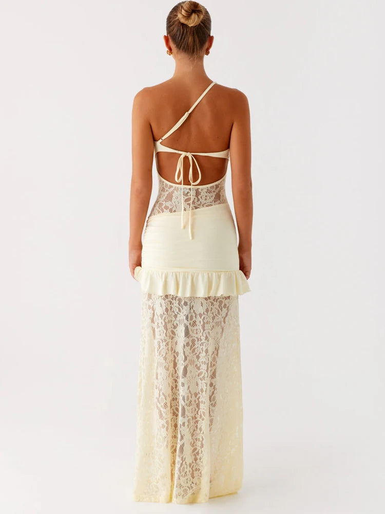 One Shoulder Backless Sexy Maxi Dress Women Lace Patchwork Fashion Sleeveless Lace-up Draped Ruffle Club Long Dress voguable