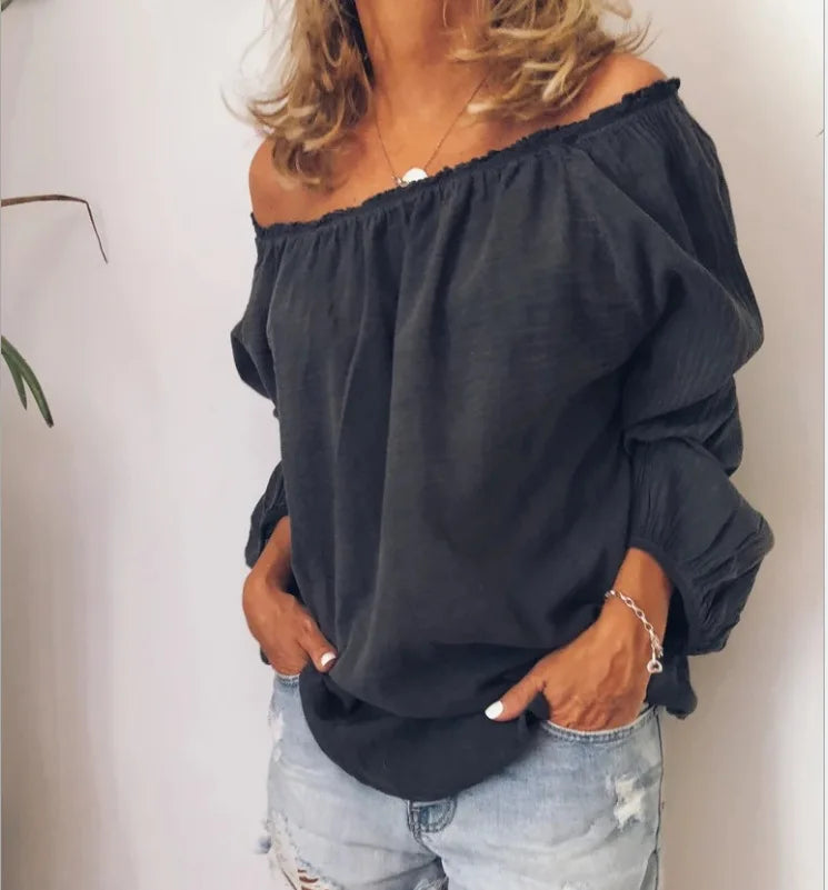 Voguable  Oversized Off Shoulder Casual Slash Neck Pleated Solid Color Long Sleeved Blouse Spring  Lightweight Loose Simple Women's Shirt voguable