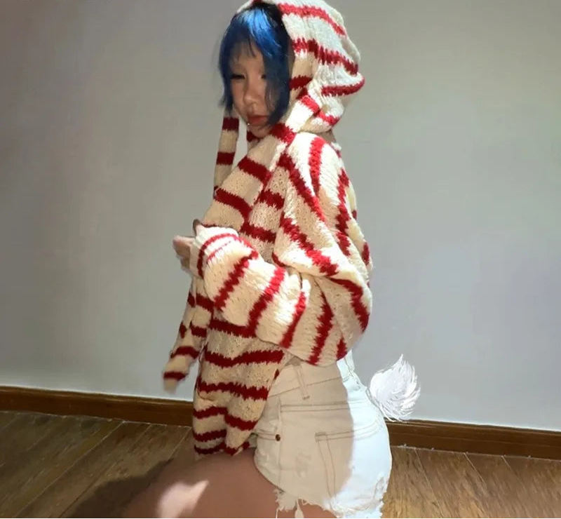 Japanese Y2k Hooded Cardigan 2000s Aesthetics Rabbit Ears Zipper Knitwear Vintage Harajuku Red Stripe Sweater Grunge voguable