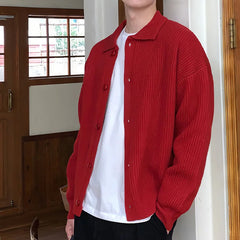 Men's Trend Red Green Daily Baggy Sweaters Button Cozy Knitted Cardiga Stylish Thermal Solid Color Long Sleeve Outerwears Male voguable
