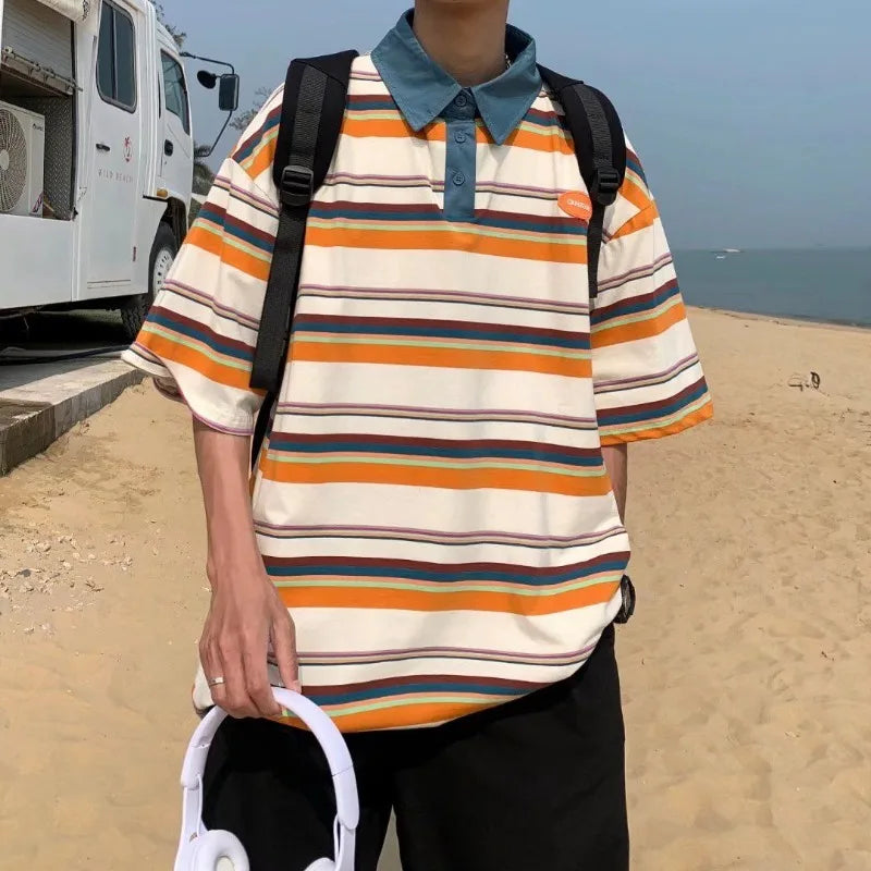 Voguable  Japanese Harajuku Style Street Color-blocked Striped Short-sleeved Lapel Shirts Men Women Trendy Hip-hop Loose Casual T-shirts voguable