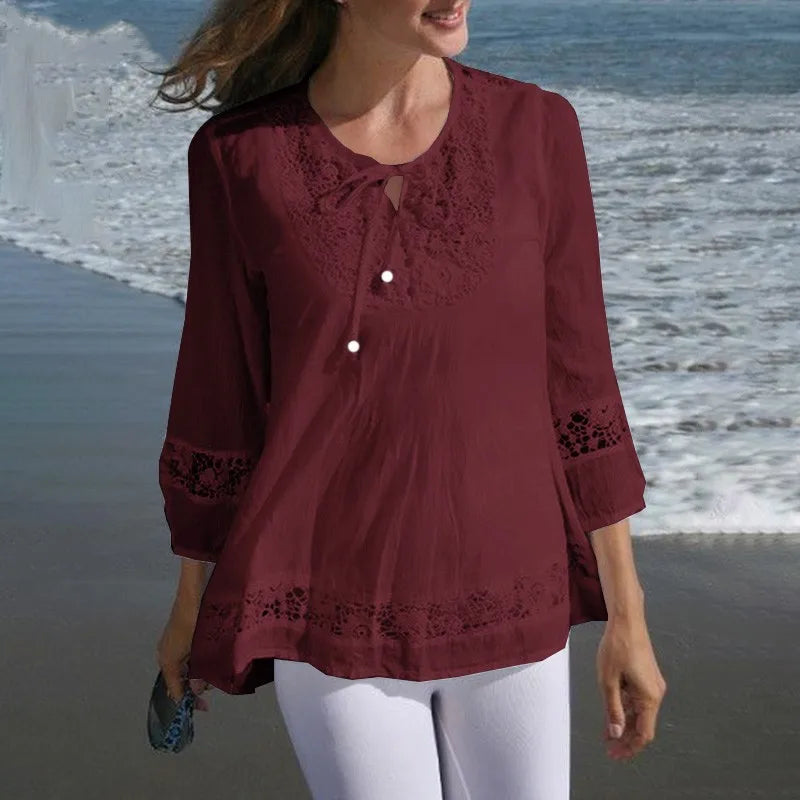 Fashion Women's Solid Lace Top Cotton Linen Casual Top Woman New Summer Blouse Three-Quarter Sleeve Loose Shirt & Blouse Women voguable