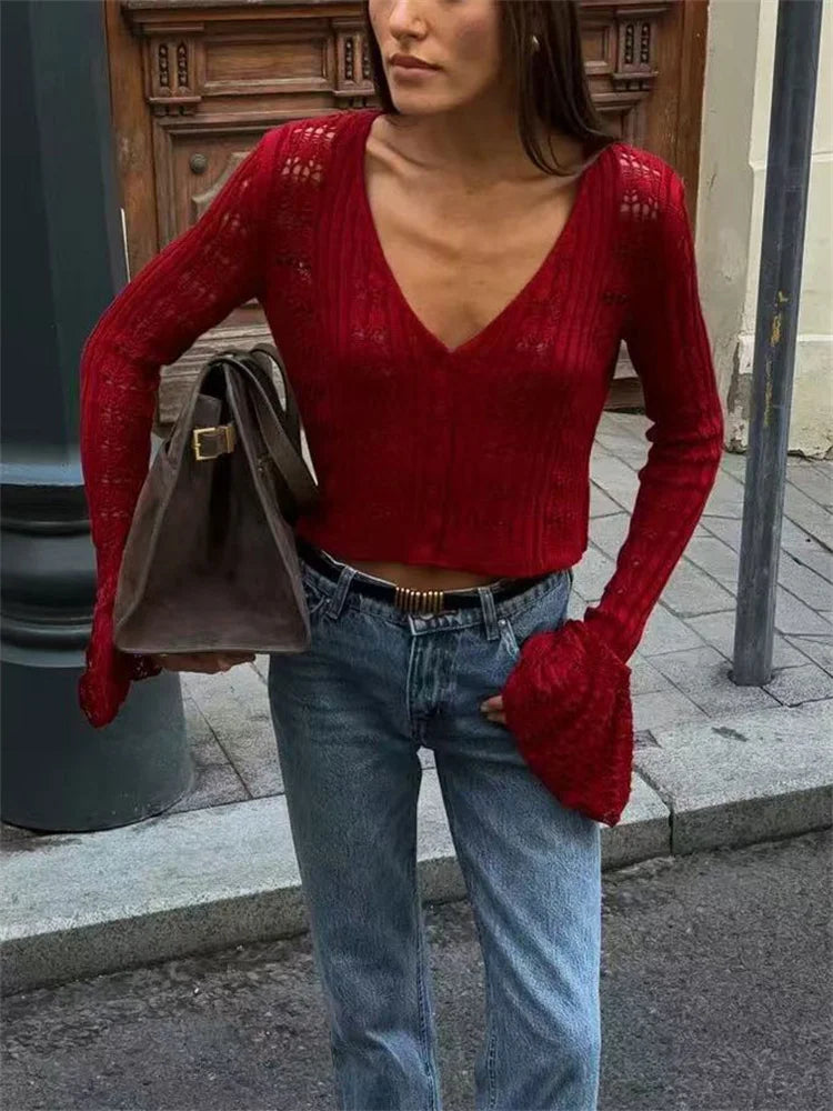 Knitwear Hollow Out Sweater Cardigan Women V-Neck Long Sleeve See-Through Cropped Top Summer Knit Patchwork Cardigan Top voguable