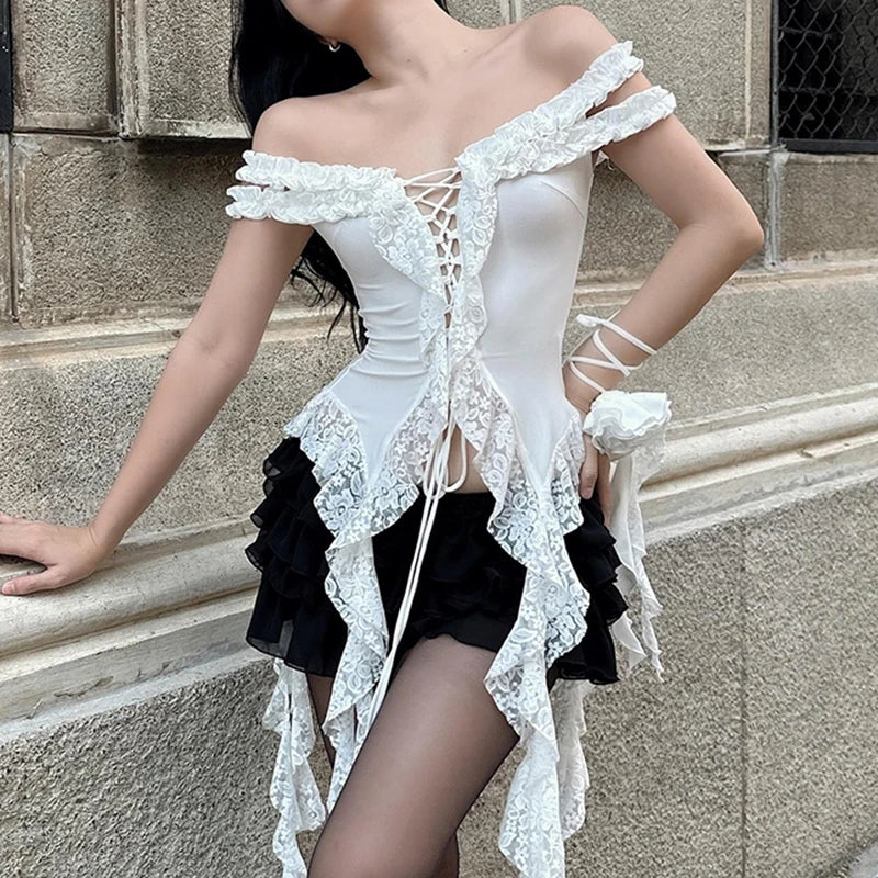 Voguable  Sexy Hook Floral Lace Ruffle Irregular Double Straps Slash Neck Top Holiday Party Slim-fitting Tie-up Bandage T-shirt voguable