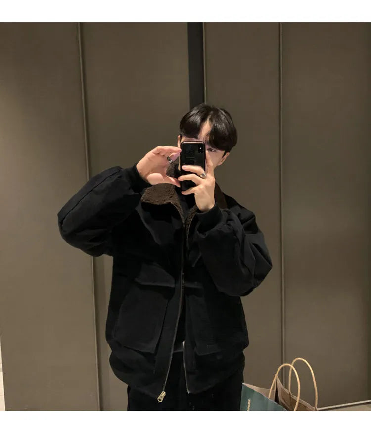 Lamb Coat Men's Winter Velvet Thickened Short Autumn High Street Jacket Turndown Colllar Long Sleeves Zipper Pockets Jackets