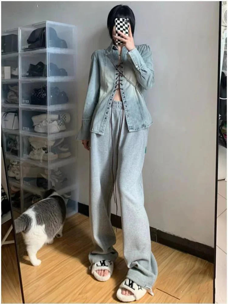 Voguable  Vintage Women Denim Shirts Loose Long Sleeve Casual Bandage Long Shirts Korean Turn Down Collar Streetwear Female Jean Top voguable