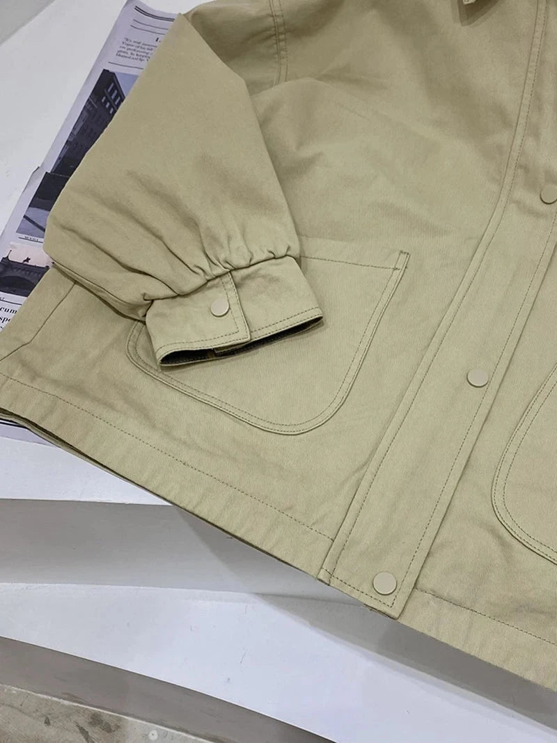 Fall Women Cargo Jacket Loose Preppy Style Long Sleeve Vintage Coat Casual Big Pockets American Retro Solid Bf Outwear Tops voguable