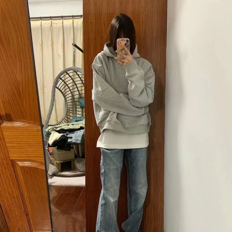 Voguable  American Retro Gray Hooded Sweatshirt Student Simple Solid Color Hoodie voguable