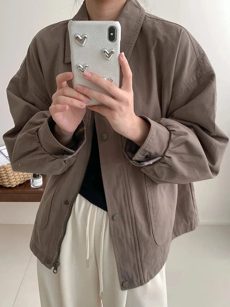 Fall Women Cargo Jacket Loose Preppy Style Long Sleeve Vintage Coat Casual Big Pockets American Retro Solid Bf Outwear Tops voguable