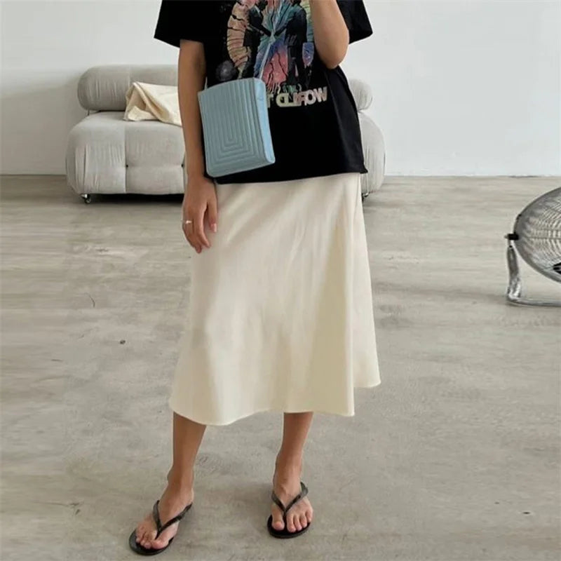 Satin Skirt Women Summer Clothes Solid Color High Waist Bodycon Midi Skirts Elegant Evening Party Skirts Streetwear voguable