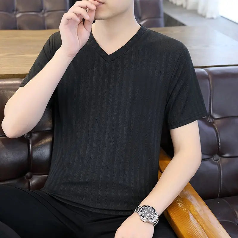 New Ice Silk Mesh Hollow V-Neck Tshirts Lightweight Leisure Breathable Stripe Solid Basic T-shirt Men Clothing Quick-dry T Shirt voguable