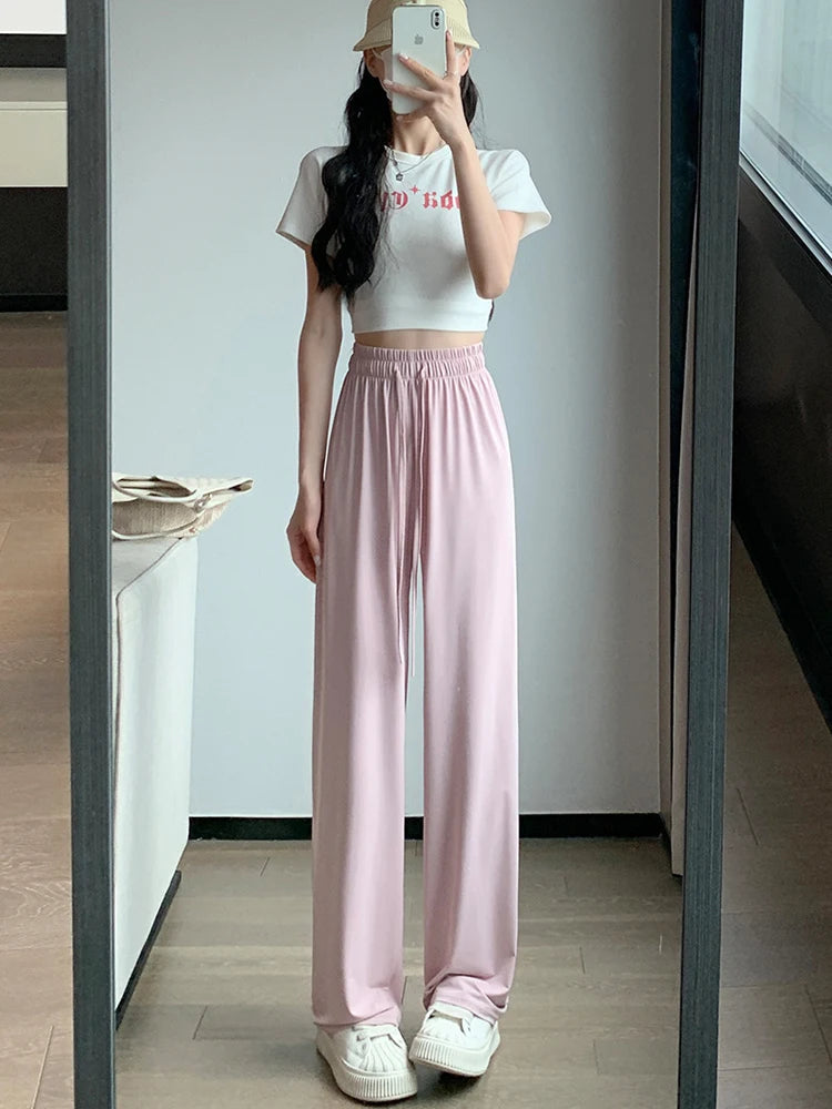 Summer Thin Ice Silk Sun Protection Pants Women Y2K High Waist Loose Wide Leg Trousers Solid All-Match Simple Straight Pants voguable