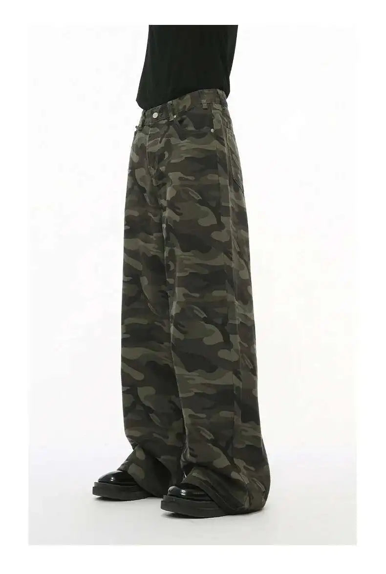 Vintage Camouflage Men's Jeans Fashion Washed Casual Wide Leg Denim Pants Autumn Winter Loose Male Trousers Old Blue 9C354 voguable