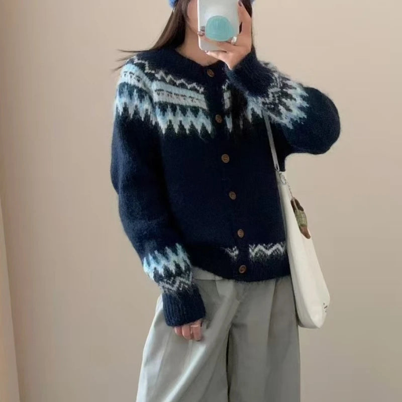 Fair Isle Sweater Cardigan Women Long Sleeve Button-Up Crewneck Knitted Jacket Cardi Female Knitwear Fall Winter Vintage Outfit voguable