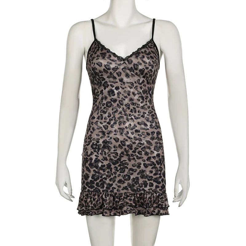 Voguable Vintage Leopard Print Spaghetti Strap Dress Women Fairycore Grunge Lace Stitching V-neck A-line Mini Dresses Party Y2K voguable