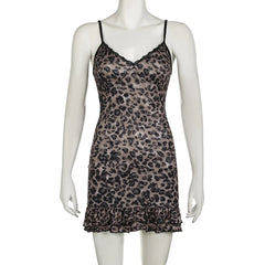 Voguable Vintage Leopard Print Spaghetti Strap Dress Women Fairycore Grunge Lace Stitching V-neck A-line Mini Dresses Party Y2K voguable