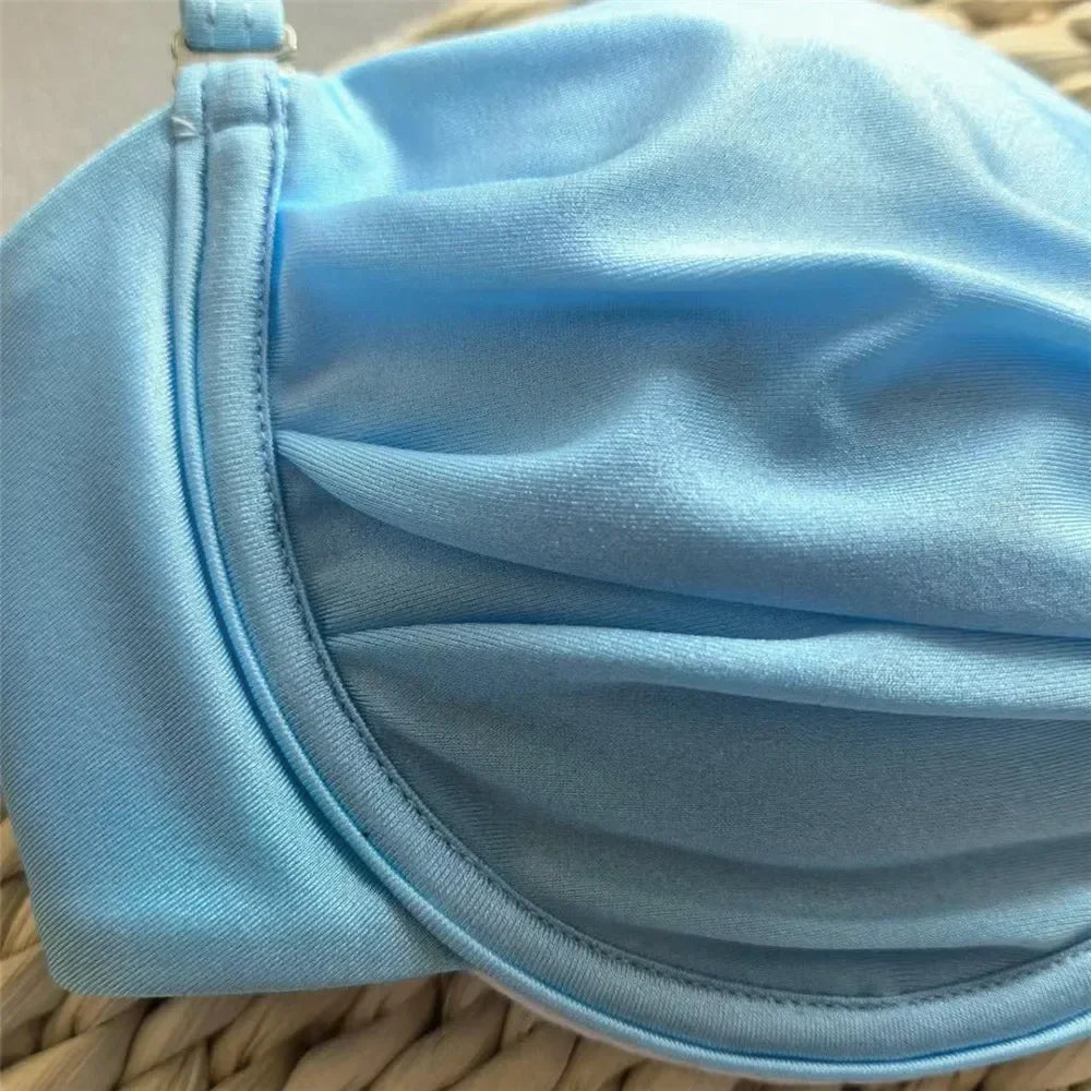 Voguable  Light Blue Micro Bikini Thong Pushup Sexy Swimsuit Cover Ups Women Sun Metal Buckle Swimwear Bathing Suit Bikinis Sets  New voguable