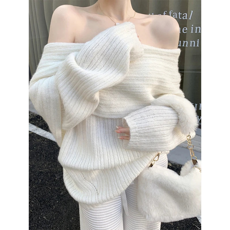 Autumn Design Sexy White Knitted Sweater Women Long Sleeve Pure Color Korean Fashion Y2k Clothing Elegant Pullover Female voguable