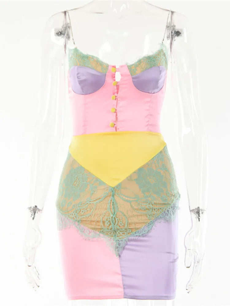 Diamond Chain Patchwork Print Mini Dress Women Fashion Y2K Summer Lace Sleeveless Backless Bodycon Dress 2025 Elegant voguable