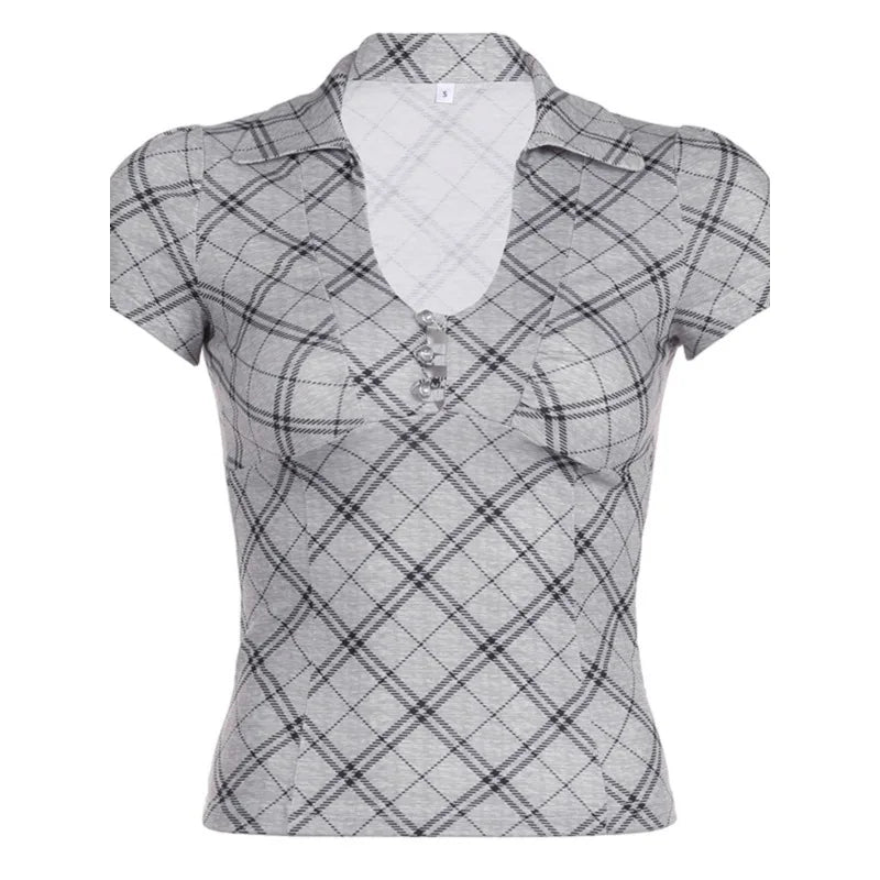 Voguable Vintage V-neck Buttons Casual Striped Short-sleeved T-shirt Women 2024 Summer New Streetwear Sexy Slim All Match Crop Tops voguable