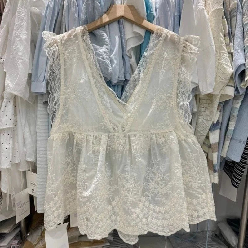 Voguable  Sexy Lace Jacquard Embroidery Vest New Sweet Elegant Ruffles Women Clothing Slim Trendy French Style Casual Fairy Tanks voguable