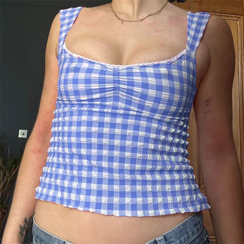 y2k Tops for Women Summer Fairycore Clothing Plaid Print Lace Trim Sleeveless Tanks T Shirts 2000s Clothing Streetwear voguable