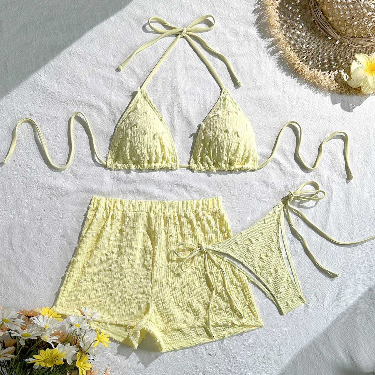 Voguable  European and American new fashionable and sexy three-piece bikini bikini cross-border solid color neck strap swimsuit women voguable