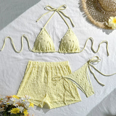 Voguable  European and American new fashionable and sexy three-piece bikini bikini cross-border solid color neck strap swimsuit women voguable