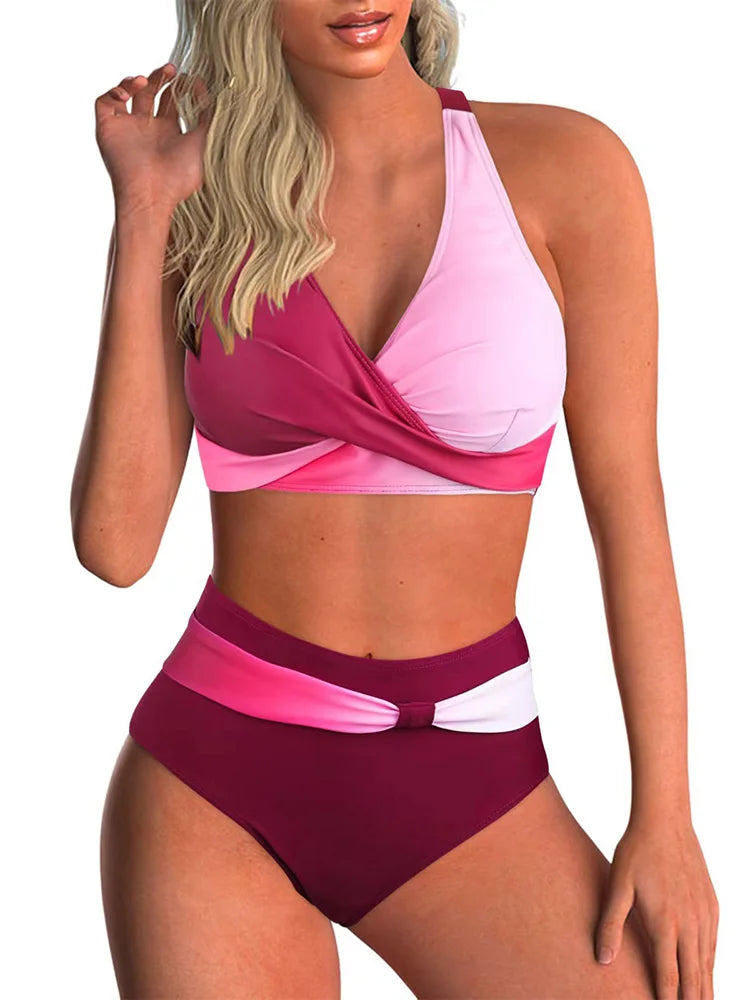 Voguable  Sexy Lace Up V Neck Bikinis Women Split Swimsuit High Waist Beach Bikini New All Season Backless Bikinis 2 Piece Set voguable