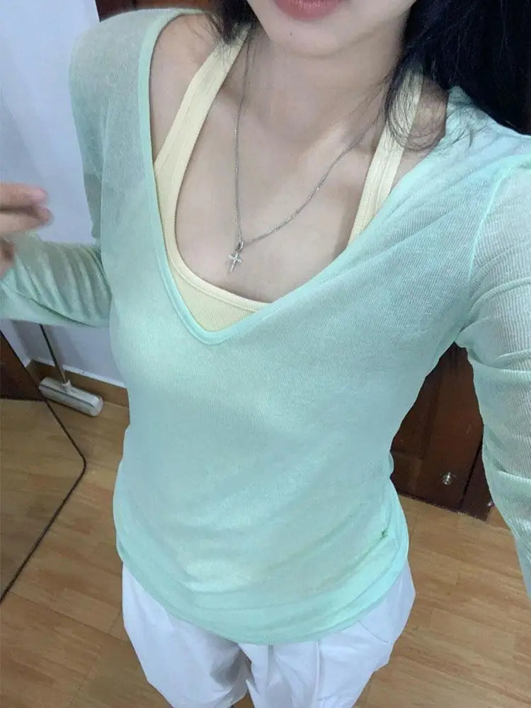 Long Sleeve Women Sun-protective T-shirts+ Camisole Set Korean Slim Basic Elasticity Pullovers Thin Perspective Sexy 2 Piece Set voguable