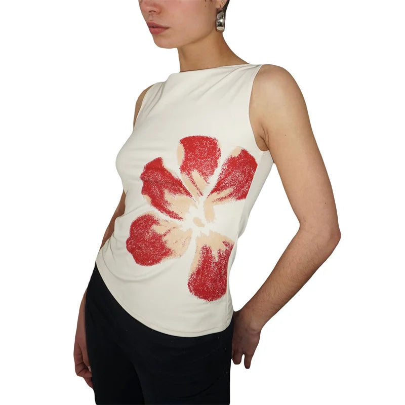 Coquette Tank Tops Summer Women Floral Print Boat Neck Sleeveless T Shirts Vest y2k Fairycore Clothing Streetwear voguable