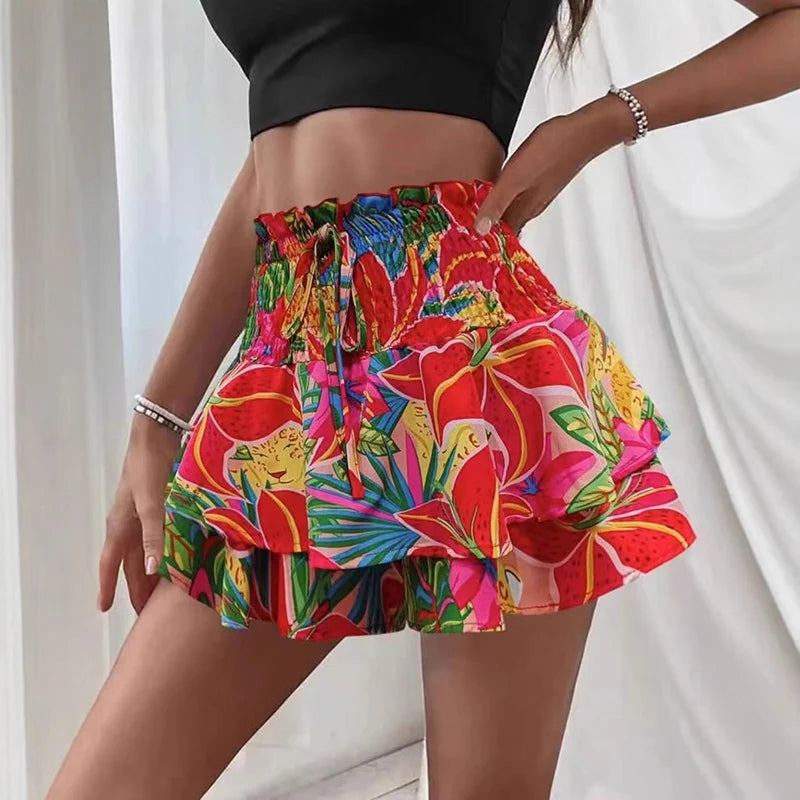 Voguable  Fashion Florals Mini Skirt for Women Summer Casual Waist Shaping Ruffled Hem Short Skirt Woman Drawstring Wide Leg Half Skirts voguable