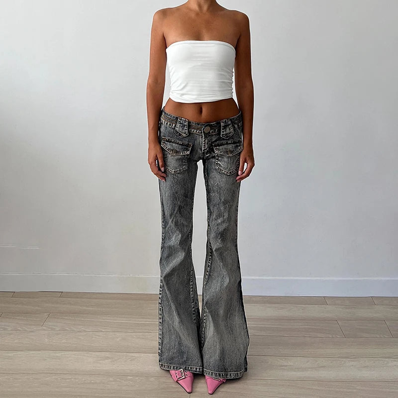 Voguable Vintage Washed Flare Jeans Pants Low Waist Women Streetwear Y2K Slim Fit Boot Cut Pants Grunge Denim Trousers pantalone voguable