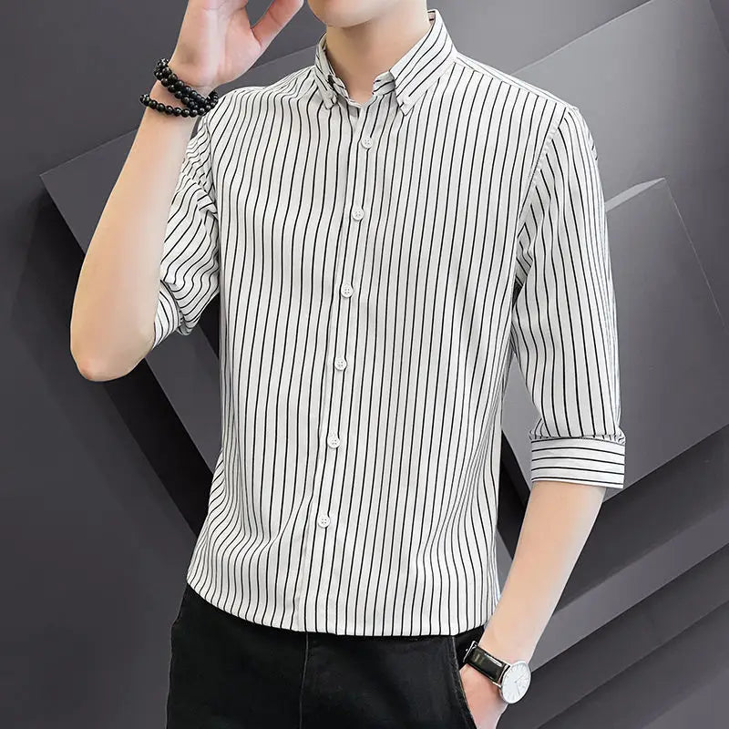 Voguable  Summer Men's Striped Seven Quarter Sleeve Shirt Youth Fashion Korean Version Slim Fit Five Quarter Sleeve Shirt voguable